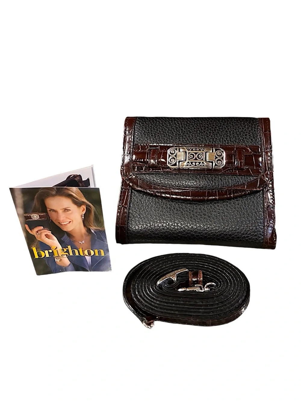 Brighton Black & Brown Leather Organizer Wallet Crossbody | Croc Embossed